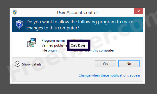 Screenshot where Cat Dog appears as the verified publisher in the UAC dialog